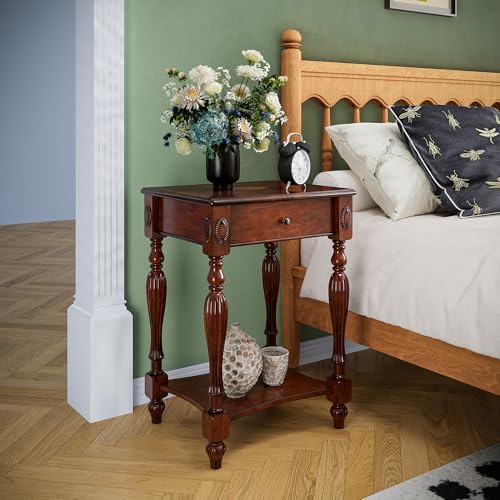 Narrow End Side Table with Drawer and Storage Shelf Set of 2, Sofa Beside Table,No-Tools Assembly Antique Wood Nightstand for Living Room,Small Space, 27.6”H x 19.7”L x 15.7”W Cherry Walnut GBJ1533WD - color: Cherry Walnut Set of 2