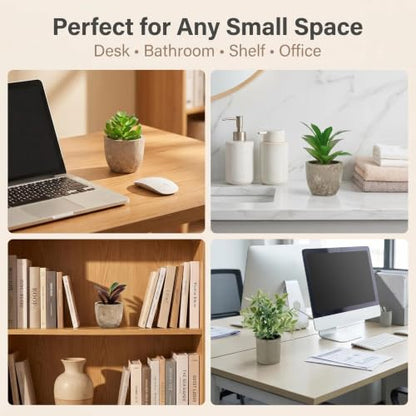 AUUGUU Artificial Potted Plants Faux Greenery in Cement Pots for Shelf, Bookshelf, Office or Home Decor, Small Decorative Fake Plants for Modern Indoor Display