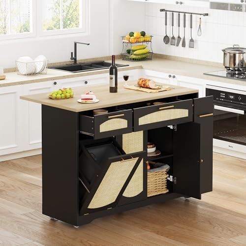 IDEALHOUSE 53.1" Rattan Kitchen Island with Storage, Rolling Dining Cart with Trash Storage Cabinet, Mobile Island Cart with Drop Leaf, Adjustable Shelves, Drawer, 5 Wheels (Black) - color: Black