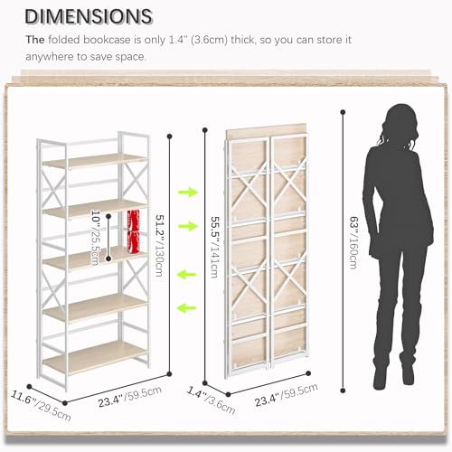 4NM 5 Tiers No Assembly Book Shelves, 51.2" H Folding Bookshelf Bookcase Open Industrial Foldable Shelves for Bedroom, Living Room, Home Office - Natural White - color: Natural White, size: XX 5-Tier