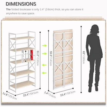 4NM 5 Tiers No Assembly Book Shelves, 51.2" H Folding Bookshelf Bookcase Open Industrial Foldable Shelves for Bedroom, Living Room, Home Office - Natural White - color: Natural White, size: XX 5-Tier