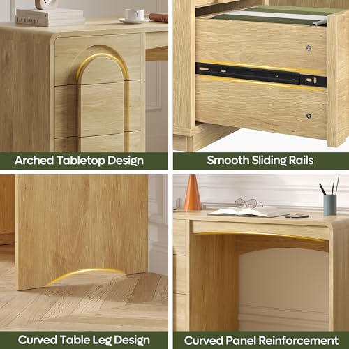 Bestier 47 inch Wood Home Office Desk with 3 Drawers, Modern Executive Desk with Storage, Arched Computer Desk for Writing Study Bedroom, Natural Oak - color: Oak