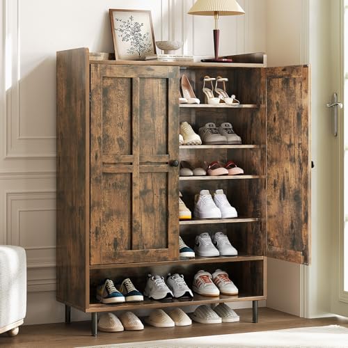 ComfyCorner Brown 7+1 Tier Farmhouse Shoe Storage Cabinet - 45" Tall Entryway Organizer with Cross Molding Doors, 3 Adjustable Shelves & Metal Legs, Shoe Rack for Front Door Entrance - color: Brown