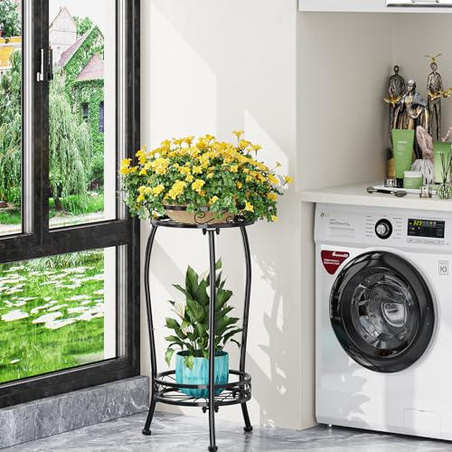 Simple Trending Plant Stand Indoor Outdoor, Tall Round Plant Shelf, 2 Tiers Metal Flower Pot Holder Stand Heavy Duty, for Garden, Balcony, Black