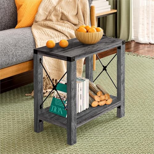 GAZHOME Farmhouse End Table for Small Spaces, Set of 2,Narrow Side End Table with Storage Shelf, Rustic X-Design Nightstand Sofa Table for Living Room, Bedroom Gray - color: Grey