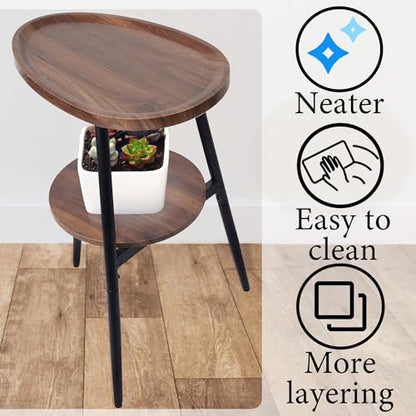 Side Table Small End Table, Oval Round Wood Sofa Table, 2 Tier Accent Table Nightstand Bedside Table with Metal Frame for Living Room, Bedroom, Small Spaces (Rustic Brown)