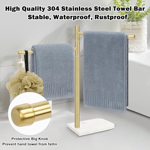 Standing Hand Towel Holder, Hand Towel Stand with Marble Base, 304 Stainless Steel Towel Rack with 2 Swivel Arm, Countertop Stand Towel Ring Towel Bar for Bathroom (Gold) - color: Gold