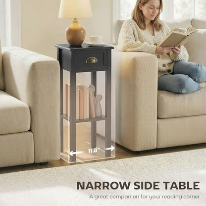 HOMCOM Narrow End Table with Drawer Slim Side Table for Small Spaces Black | Tall Telephone Table, Skinny Modern Design, for Small Spaces, Living Room - color: Black