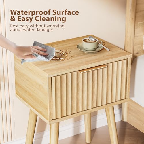 VINGLI Night Stand Set 2, Fluted Nightstands with Drawer, Mid Century Modern Nightstands Set of 2, Bedside Table, End Table, Wood Nightstand for Bedroom, Natural Oak, 15.75" W*11.81" D*21.85" H - color: Oak, size: 15.7"W-1 Drawer