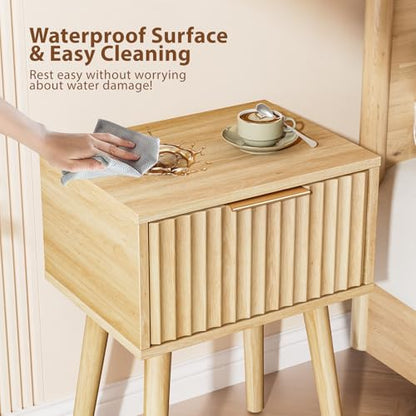 VINGLI Night Stand Set 2, Fluted Nightstands with Drawer, Mid Century Modern Nightstands Set of 2, Bedside Table, End Table, Wood Nightstand for Bedroom, Natural Oak, 15.75" W*11.81" D*21.85" H - color: Oak, size: 15.7"W-1 Drawer