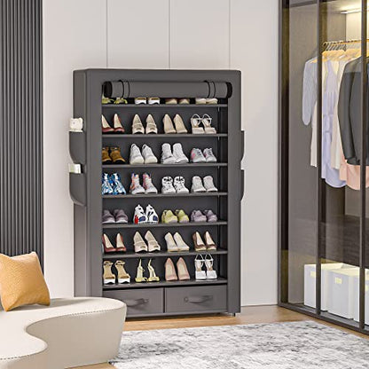 OYREL Shoe Rack Sturdy 8 Tier Tall + Dustproof Cover Large Storage | Closet Cabinet Large Free Standing Shoe Racks Vertical Shoe Shelf Tall Vertical Boot Holder Stand - color: Grey, size: 33.3"Wx55"H