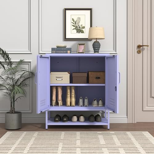Wide 3-Tier Metal Shoe Storage Cabinet, Multifunctional Household Shoe Organizer with Adjustable Shelves for Home & Entryway Purple 33" H X 29.5" W X 13.8" D - color: Lilac, style: Cabinet-33"H-AP