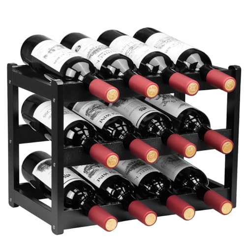Bamboo Wine Rack, Sturdy and Durable Wine Storage Cabinet Shelf, Wine Racks Countertop for Pantry - 3 Tiers 12 Bottle Wine Rack, Black - color: 3 Tier Black