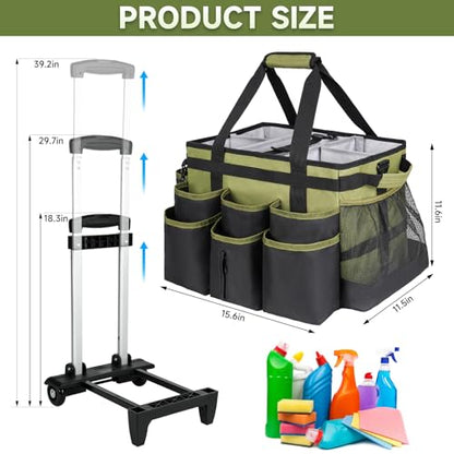 Large Rolling Cleaning Caddy Bag with Detachable Trolley,Cleaning Cart on Wheels with Shoulder Strap,Cleaning Supplies Organizer for Housekeepers,Green - color: Green