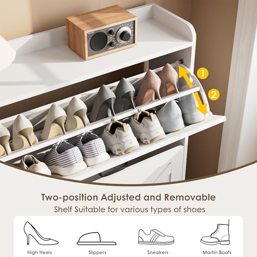 Nicetree Shoe Storage Cabinet with 2 Flip Drawers, Freestanding Shoe Organizer, Shoe Cabinet with Metal Legs, Narrow Shoe Rack Cabinet, Farmhouse Slim Shoe Cabinet for Entryway, Foyer, Hallway, White - color: White