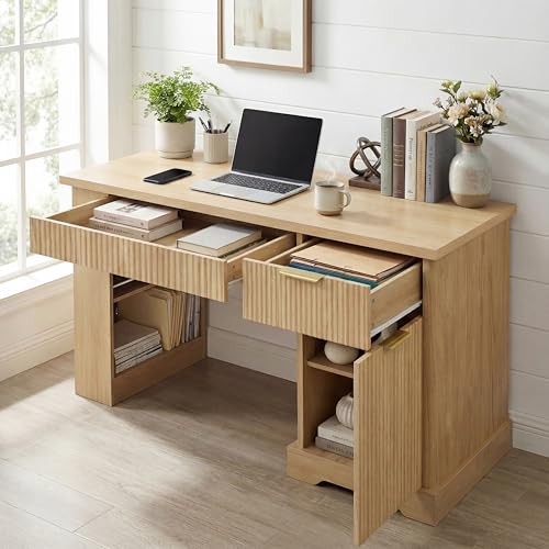 55" Modern Fluted Office Desk with Storage Cabinet & Drawers, Computer Writing Desk with Power Outlet, Pegboard, Built-in Shelves & Keyboard Tray for Study, Home Office (Light Oak) - color: Light Oak