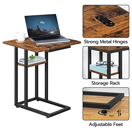 HOOBRO Foldable C Shaped End Table, C Shaped Side Table with Storage Shelf, Small Snack Table, Slide Under Couch Table for Sofa, Living Room Bedroom Small Spaces Easy Assembly, Rustic Brown BF29SF01 - color: Rustic Brown + Black
