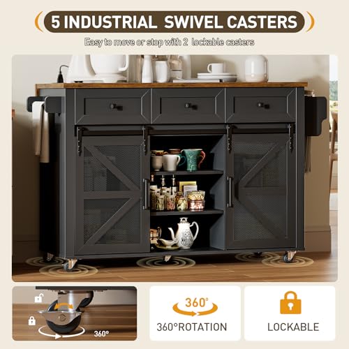 Kitchen Island with Storage, 55" Kitchen Cart with Charging Station, Rolling Kitchen Island Table with Drop-Leaf, 3 Drawers, Barn Doors, Towel Rack and Spice Rack, Black and Rustic Brown - color: Black + Rustic Brown