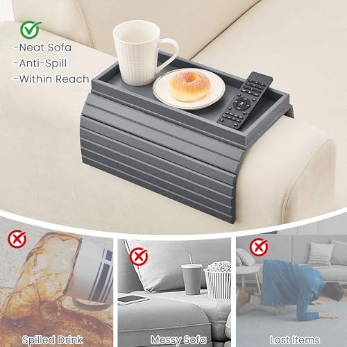 GEHE Bamboo Sofa Arm Tray, Foldable Couch Arm Tray Side Table, Anti-Falling Armrest Tables Cup Holder for Snacks, Drinks, Beers, Phone, Control, Flexible and Portable, Anti-Slip - color: Gray