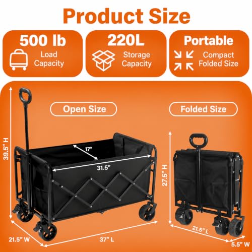Wagons Carts Foldable, 500 lb 220L Collapsible Wagon with Brakes | Heavy folding wagon for groceries, camping, beach, outdoor hauling; large storage, brake control and compact folding design - color: Charcoal