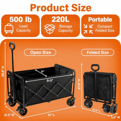Wagons Carts Foldable, 500 lb 220L Collapsible Wagon with Brakes | Heavy folding wagon for groceries, camping, beach, outdoor hauling; large storage, brake control and compact folding design - color: Charcoal