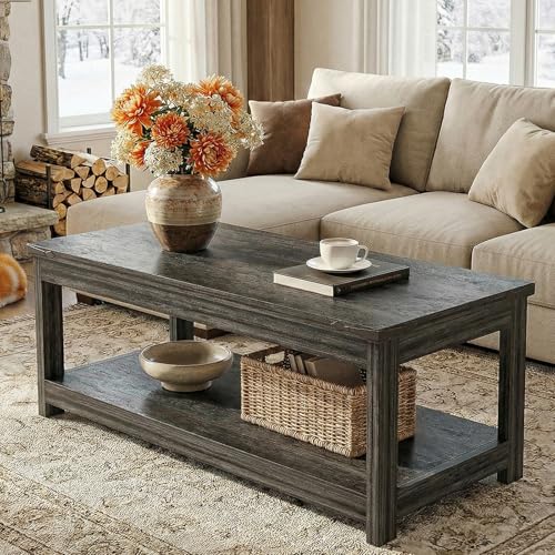 Homieasy 43.3” Rectangular Coffee Table with Storage Shelf, Grey | Farmhouse Wood Center Table for Living Room, Modern Black Tea Table with Open Shelf - color: Grey