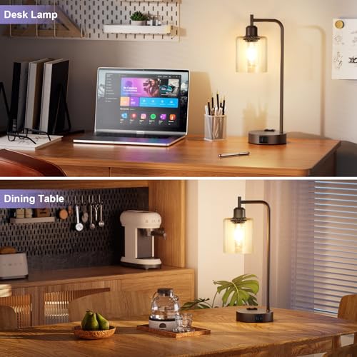 Innqoo Industrial Touch Table Lamps - 3-Way Dimmable Desk Lamps Set of 2 with USB C+A Ports and Outlet, Brown Bedside Lamps with Clear Glass Shade for Living & Bedrooms - color: H-Brown Base&Seeded Clear Glass