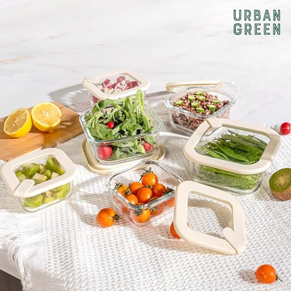 Urban Green Glass Food Storage Containers with Glass Lids, Microwave Safe Food Container Set, Airtight Meal Prep Containers, LeakProof, 100% Plastic Free, 6 Pack - color: ‎Ivory White -6p