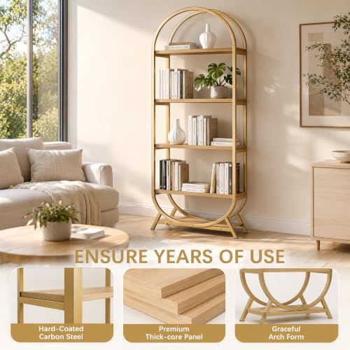 Bookshelf Arched Bookcase, Industrial 5 Tier Open Book Shelves with Metal Frame, 72" Tall Freestanding Display Rack for Home Office, Living Room,Nature Wood and Gold - color: Nature Wood & Gold, size: 5 Tier Arched