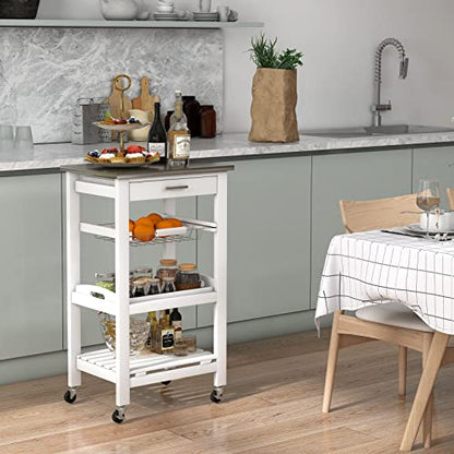 Giantex Kitchen Island Cart, Rolling Kitchen Storage Cart with Stainless Steel Tabletop, Drawer, Basket and Shelf, Utility Service Cart on Wheels for Restaurant Hotel