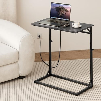 Vagusicc C Shaped End Table with Charging Station, Large C-Table End Table Adjustable Height Side Table for Couch, Sofa Table Slide Under Couch Table TV Tray Table for Living Room, Bedroom,Gray Walnut - color: Gray Walnut, style: With Plug