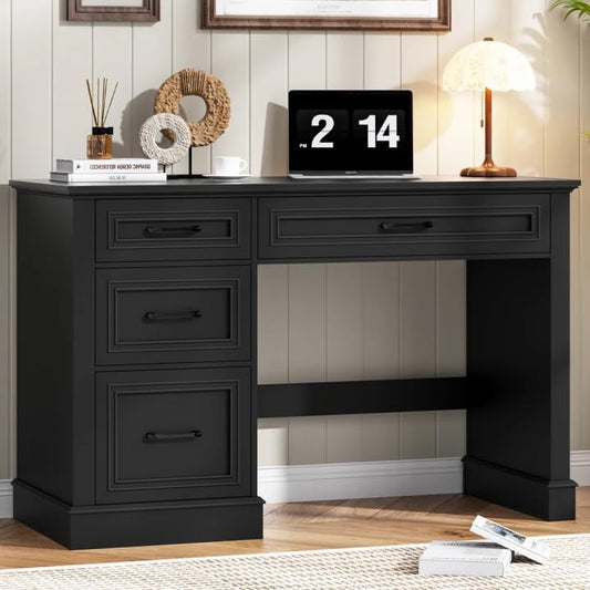 Halitaa Farmhouse 47" Executive Desk with 3 Drawers and Adjustable File Drawer, Workspace for Home Office and Study, Pure Black. - color: Pure Black, size: Without Charging Station