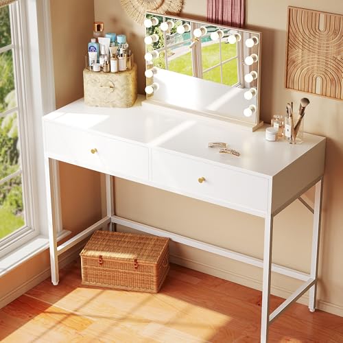 SUPERJARE 39.4" White Desk with 2 Drawers, Modern Makeup Vanity Desk, Small Computer Desk Home Office Desk for Writing Study Bedroom - color: White, size: 39.4 inch