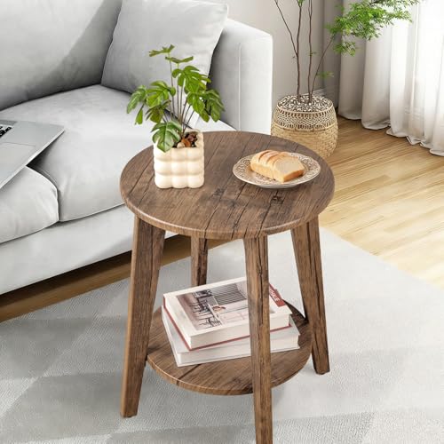 Round End Table 2 Tier Wooden Side Tables with Storage Shelf Modern Nightstand Bedside Table for Small Spaces, Living Room, Bedroom Light Brown - color: Light Brown
