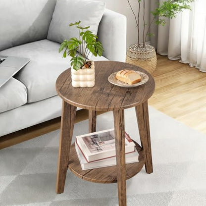 Round End Table 2 Tier Wooden Side Tables with Storage Shelf Modern Nightstand Bedside Table for Small Spaces, Living Room, Bedroom Light Brown - color: Light Brown
