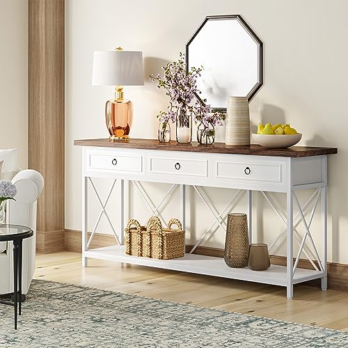 Tribesigns 70.8" Console Table with 3 Drawers, Farmhouse Entryway Table with Storage Shelf, Narrow Long Sofa Foyer Table for Entryway, Hallway (White/Brown) - color: White/Brown