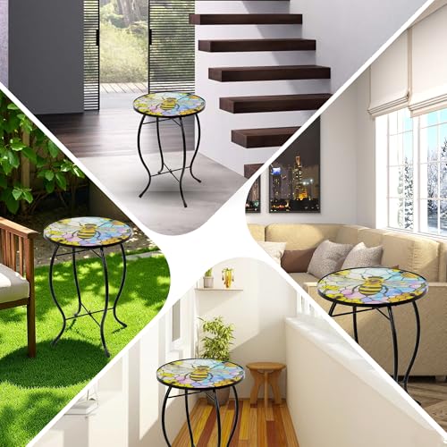 Small Side Table with Metal Frame, 10.5" Round Side Tables with Bee Pattern,Outdoor Table for Balcony,Terrace,Garden,Living Room - color: Bee