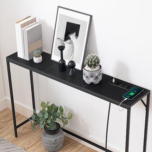 MAHANCRIS 43.7”Console Table with Outlet, Narrow Sofa Table with Charging Station, Entryway Table with Display Shelf, Behind Couch Table, Long Sofa Side Table, Living Room, Hallway, Black CTHB112E01 - color: Black