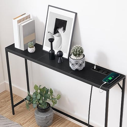 MAHANCRIS 43.7”Console Table with Outlet, Narrow Sofa Table with Charging Station, Entryway Table with Display Shelf, Behind Couch Table, Long Sofa Side Table, Living Room, Hallway, Black CTHB112E01 - color: Black