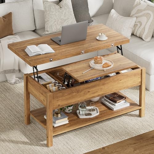 FABATO Lift Top Coffee Table, 4-in-1 Multi-Function Tea Table with Hidden Storage, Coffee Table Converts to Dinning Table, Center Table with Wooden Lift-Top, Small Space for Living Room, Vintage Oak - color: Vintage Oak, size: 40.9in