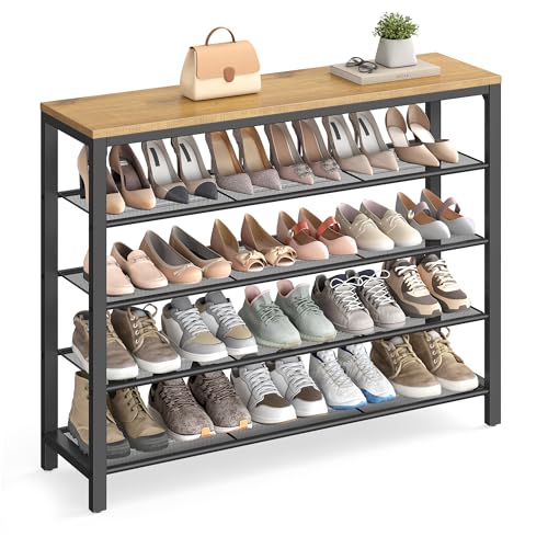 VASAGLE INDESTIC Shoe Rack, Shoe Organizer for Closet with 4 Mesh Shelves and Large Top for Bags, Entryway Hallway Shoe Shelf, Steel Frame, Industrial, Honey Brown and Black ULBS015B05 - color: Honey Brown, size: 5 Tiers (39.4"W)