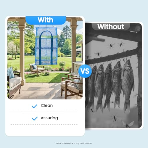 Herb Drying Rack, 4 Layers Foldable Drying Rack with Zipper Opening, Hanging Drying Net for Herbs, Fruits, Vegetables, Fish, Shrimp, Foldable Nylon Netting, Blue (13.78X13.78X25.59 in)