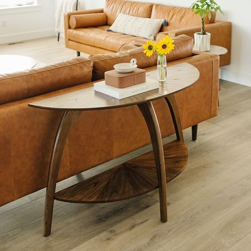 Martin Svensson Home LAX Mid Century Wood Sofa Console Table, Nutmeg Brown | Retro Modern, Half-Moon Table with Lower Shelf, for Living Room or Entryway - color: Warm Nutmeg Brown