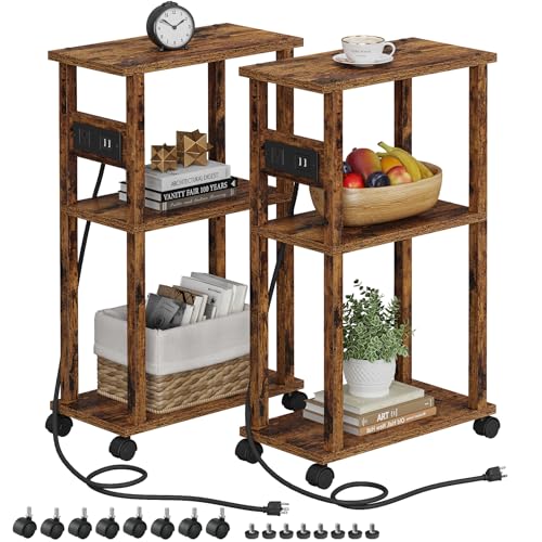 TUTOTAK Small Narrow Side Table with Charging Station, Skinny End Table for Small Spaces, Slim Nightstand with USB Ports and Outlet, Sofa Beside Table with Wheels, Rustic Brown TB01BB047C - color: Rustic Brown, size: 2 PC, style: With Plug