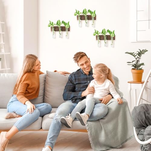 XXXFLOWER Wall Mounted Plant Terrarium with Wooden Stand 3 PCS | Hanging Planter Propagation Station with 3 Glass Tubes Indoor Hanging Planters for Home Office Indoor Decor - size: 9 Glass Tubes with Ring