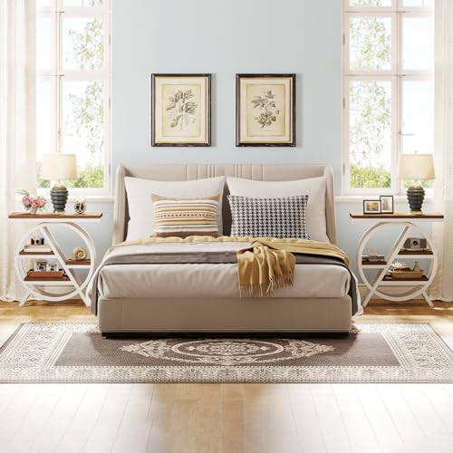 Tribesigns End Table Set of 2, 3-Tier Modern Narrow Side Table with Storage, Wood Sofa Side Table with Geometric Metal Frame, Nightstand and Bedside Table for Bedroom (Light Brown+White) - color: Light Brown&white