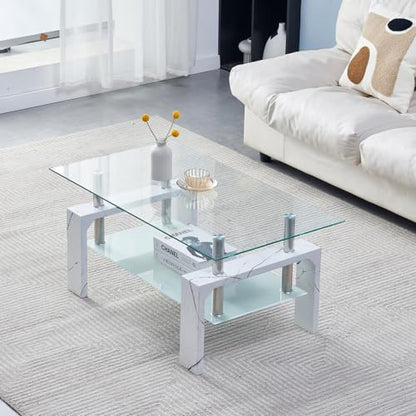 Btrpily Living Room Rectangle Coffee Table, Tea Table Suitable for Waiting Room, Modern Side Coffee Table with Wooden Leg, Glass Tabletop with Lower Shelf, Marble - color: Marble