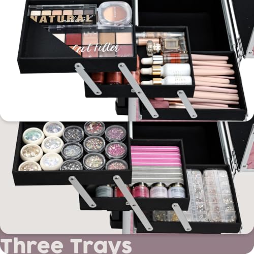 Rolling Makeup Case with Drawer Cosmetology Case on Wheels Makeup Trolley Sliding Drawer Makeup Travel Case for Esthetician, Mobile Stylist, Manicurist Barber Case Traveling Cart Trunk Glitter Pink - color: Pink