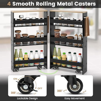 4-Tier Slim Rolling Storage Cart, Wooden Kitchen Utility Cart with Wheels & Handle, Space Saving Trolley, Slide Out Shelving Unit for Narrow Spaces, Laundry, Bathroom (Black + Natural) - color: Black + Natural