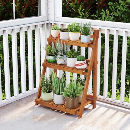 S AFSTAR 3-Tier Folding Plant Stand, Wood Ladder Flower Rack with Anti-falling Bars, Corner Storage Shelves for Book, Decorations, Potted Flower Stand Holder for Living Room, Balcony, Study, No Assembly